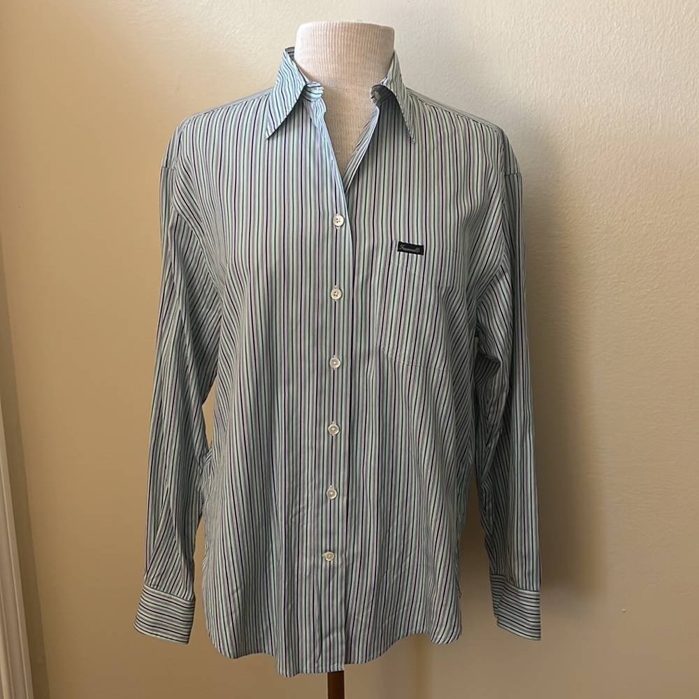 Faconnable Mint Green/Blue/White Striped Button Down Long Sleeve Shirt Size M